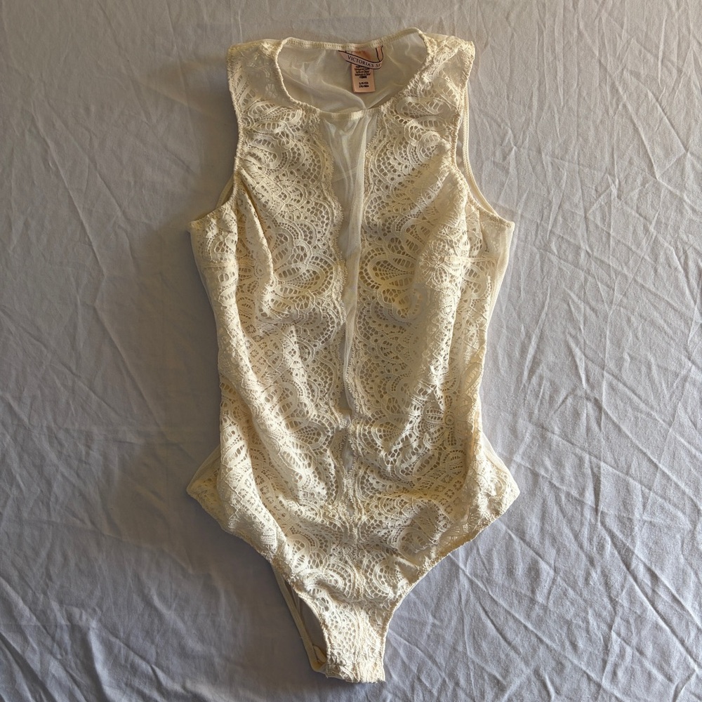 Victoria's Secret White Lace Mesh Deep V Bodysuit Lingerie